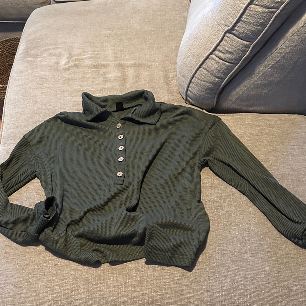 SHEIN Olive Green Waffle-Knit Button Polo Top